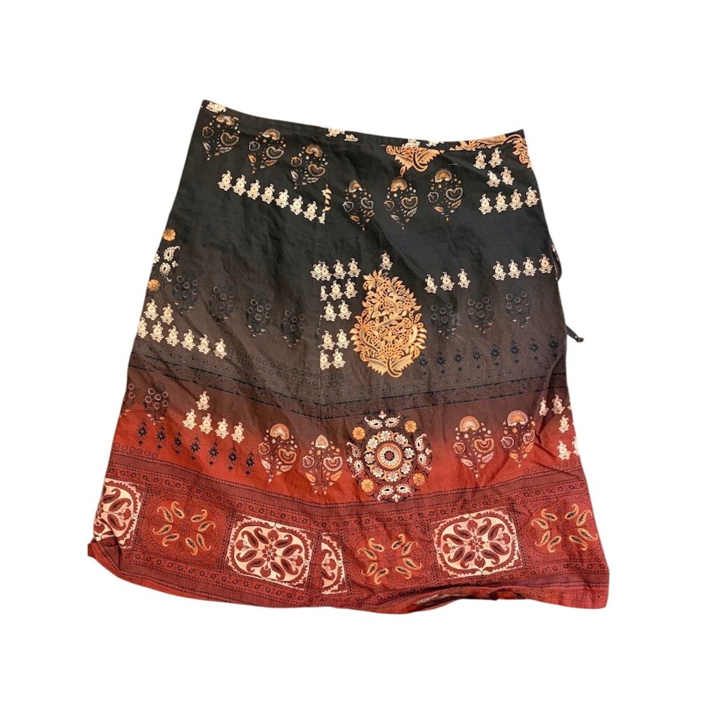 Womens Size 10 Boho Ombre Paisley Block Print A-Line Skirt Black Red AB00806
